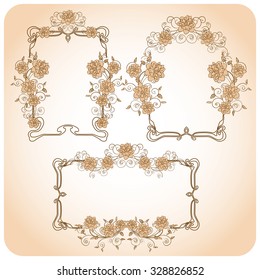A set of vintage frames with stylized flowers in the style of Art Nouveau