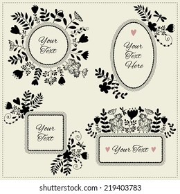 Set of vintage frames for text or photo. Decorative flowers. silhouette