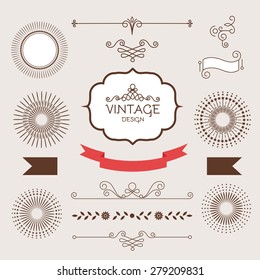 Set of vintage frames, vignettes, robbins & sunburst. Vector illustration