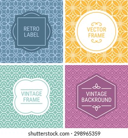 Set of vintage frames in Violet, Yellow, Turquoise, Purple and Beige on mono line seamless background. Perfect for greeting cards, wedding invitations, retro parties. Vector labels and badges