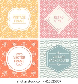 Set of vintage frames in Yellow, Pink, Orange, Grey and Beige on mono line seamless background. Perfect for greeting cards, wedding invitations, retro parties. Vector labels and badges