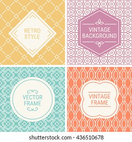 Set of vintage frames in Yellow, Pink, Cyan, Orange and Beige on mono line seamless background. Perfect for greeting cards, wedding invitations, retro parties. Vector labels and badges