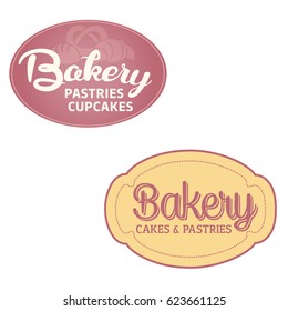 Set of vintage fresh delicious cakes, pastries bakery logos, labels, badges, stickers pink yellow isolated vector.