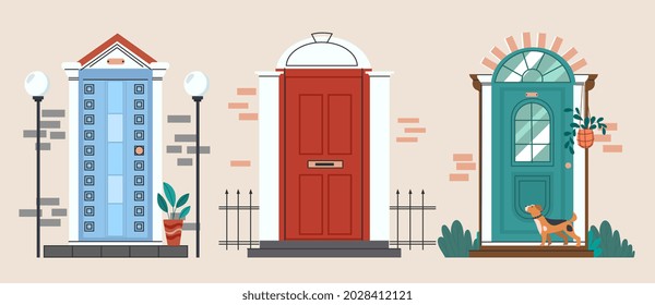 Set of vintage Front Doors. Exterior of house. Retro apartment entrance door with a dog. Collection of various external elements of home. Cartoon flat vector illustrations isolated on beige background