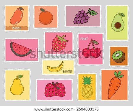 Set of vintage Fruit post card stamp illustration. Colorful style fruits mango, orange, grape, watermelon, cherry, postage sticker collection, summertime mail postmark, business man postal label. 