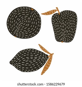Set of vintage fruits in black color with hatching, isolated vector. Ideal for printing on poster, banner, labels and stickers.