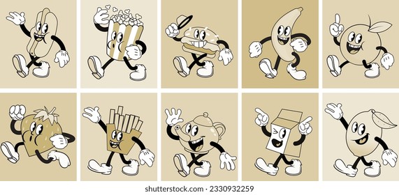 Set of vintage funny cartoon fastfood mascots flat characters vector illustration