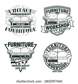 Set of Vintage furniture workshop emblems designs,  workshop grange print stamps, furniture repair shop creative typography emblems, Vector