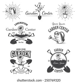 Set of vintage garden center emblems, labels, badges, logos and designed elements. Monochrome style