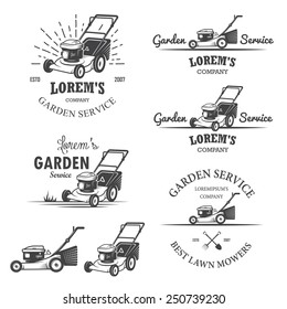 Set of vintage garden service emblems, labels, badges, logos and designed elements. Monochrome style
