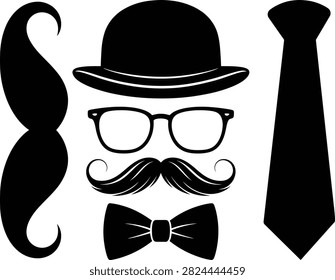 Set of vintage gentleman accessories including a bowler hat, glasses, mustache, bow tie and a necktie, isolated on white background