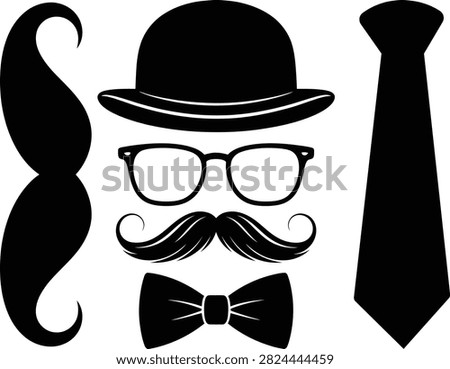 Set of vintage gentleman accessories including a bowler hat, glasses, mustache, bow tie and a necktie, isolated on white background