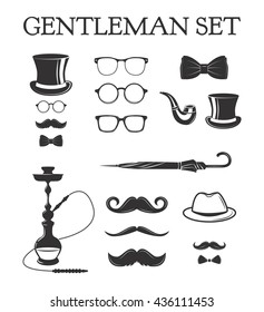 Set of vintage gentleman set. hookah, smoking pipe, top hat,eyeglasses, bow tie, umrella, mustache, smoke. Father's day set. Fashion vintage retro old hipster style. 