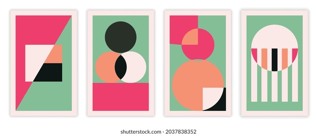 Set of vintage geometric posters. Hipster art with primitive forms, intersecting lines and circle. Design elements for and wall decoration. Cartoon flat vector collection isolated on white background