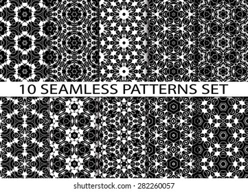 Set of vintage geometric seamless patterns. Ten fashion sophisticated ornaments with Swatch for filling.