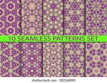 Set of vintage geometric seamless patterns. Ten fashion sophisticated ornaments with Swatch for filling.