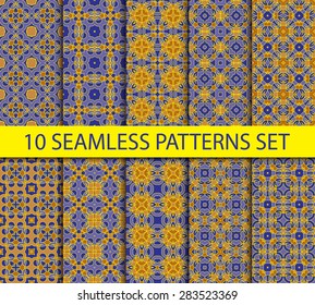 Set of vintage geometric seamless patterns. Ten fashion sophisticated ornaments with Swatch for filling.