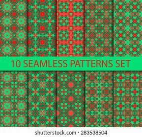 Set of vintage geometric seamless patterns. Ten fashion sophisticated ornaments with Swatch for filling.