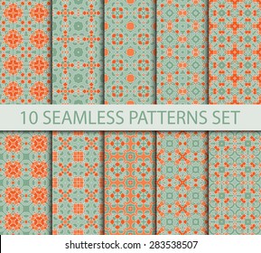 Set of vintage geometric seamless patterns. Ten fashion sophisticated ornaments with Swatch for filling.