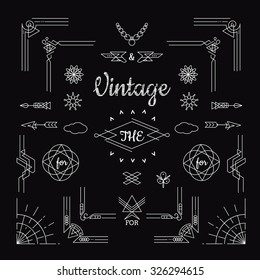 Set of vintage geometric shape elements linear thin design with frame corner badge line art deco
