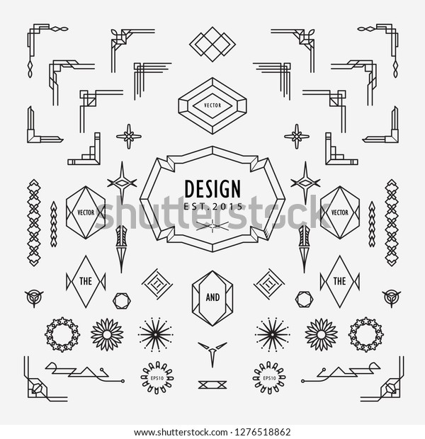 set of vintage geometric\
shape linear thin line art deco retro design elements with frame\
corner badge