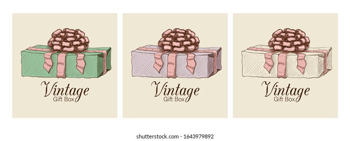 set of vintage gift boxes hand drawn. engraved presents illustration isolated. colored wrapped gift icons with lush bow and ribbon insketch style. Vector line art. Silhouette of beautiful boxes.