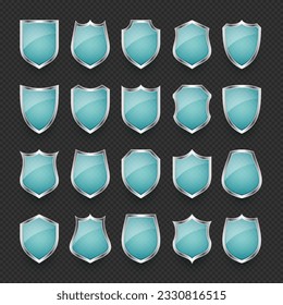 Set of vintage glass 3d shield icons. Blue heraldic shields. Black protection and security symbol, label. Vector illustration