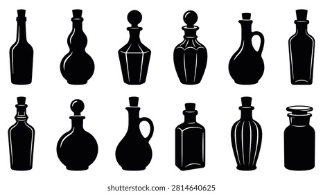 Set of vintage glass bottles and jars, apothecary containers, perfume vials, chemical flasks, oil and vinegar cruets, silhouettes