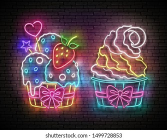 Set of Vintage Glow Signboards with Ice Cream in Paper Cups. Cafe Flyer Template. Neon Light Poster, Banner, Invitation. Brick Wall. Vector 3d Illustration. Clipping Mask, Editable