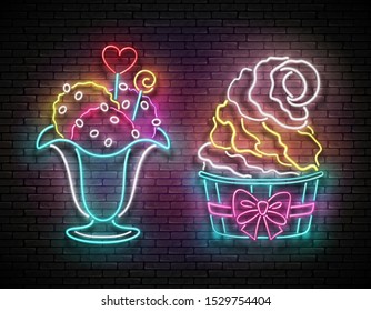 Set of Vintage Glow Signboards with Ice Cream Balls in Vase and Popsicle in Cup, Candies Decor. Cafe Flyer Template. Neon Light Poster, Banner. Brick Wall. Vector 3d Illustration. Clipping Mask