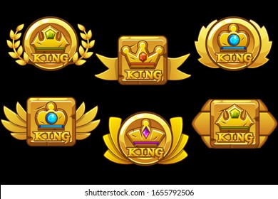Set of vintage gold awards with a crown with jewels. App icons of different shapes with precious stones.
