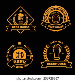 Set of vintage gold badge, logo templates and design elements for beer house, bar, pub, brewing company, brewery, tavern, restaurant on black  