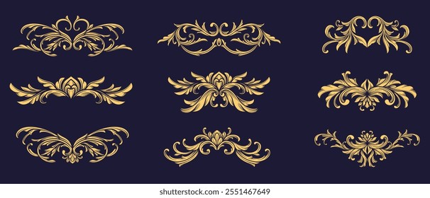 Conjunto de oro vintage barroco, pergamino, victoriano, florecer, filigrana, ornamental, diseño de simetría . Elegante elemento de damasco dorado. Ilustración vectorial clásica de decoración arabesca.