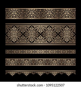 Set of vintage gold border patterns, swirly vector golden ornaments on black