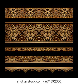 Set of vintage gold borders, golden edge decoration, ornamental vector dividers on black