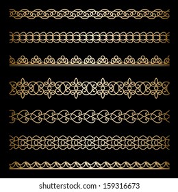 Set of vintage gold borders, ornamental vector dividers on black