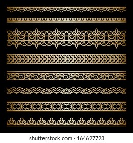 Set of vintage gold borders, ornamental vector dividers on black