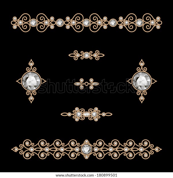 Set of vintage gold borders, ornamental vector\
dividers on black, eps10