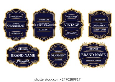 Set of vintage gold frame for labels design, logotype, calligraphy. Design emblem, premium quality. Vector stickers for packaging, drinks bottles and cans. Template place for text, advertising, banner