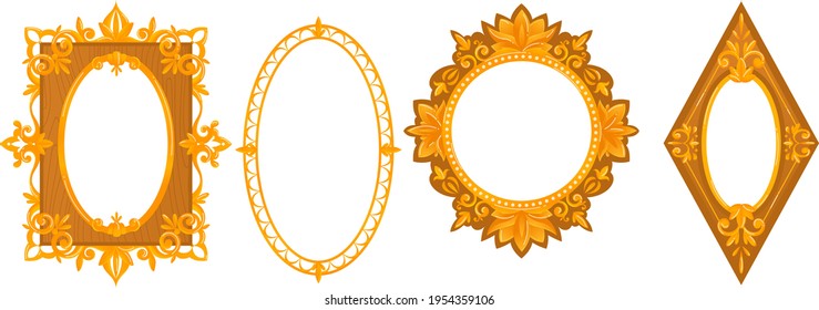 Set vintage gold frames, elegant picture decoration, luxurious, ornate look, cartoon style vector illustration, isolated on white.