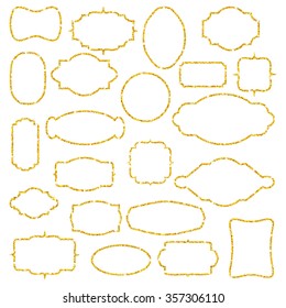 Set of vintage gold glitter frames with sparkles on white background.