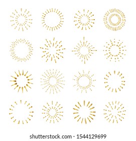 Set of vintage gold hand drawn sunburst rays design elements, explosion, fireworks golden rays, vector illustration.