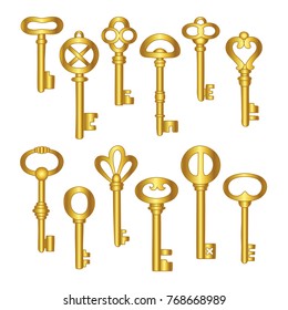Set of vintage gold keys isolated on white background. Vector illustration