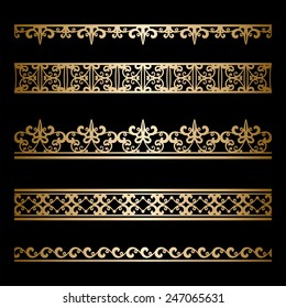 Set of vintage gold ornamental borders, decorative vector lines on black