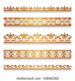 Set of vintage gold ornamental borders, lace ribbons, decorative vector lines on white