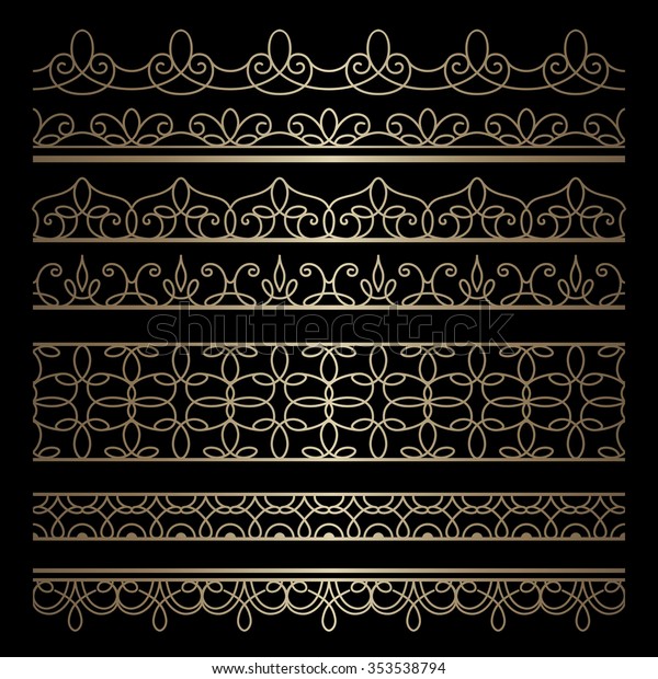 Set of vintage gold ornamental borders,\
lace ribbons, decorative vector lines on\
black