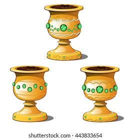 Set of vintage gold pots with soil isolated on white background. Vector illustration.