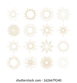 Set of vintage gold sunburst. Vector linear sun. Sunlight logo icon emblem for your design