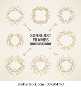 Set Of Vintage Gold Sunbursts Frames In Trendy Mono Line Style. Perfect For Retro Greeting Cards, Logo Templates, Vintage Invitations