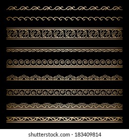 Set of vintage gold wavy ornamental borders, decorative vector lines on black